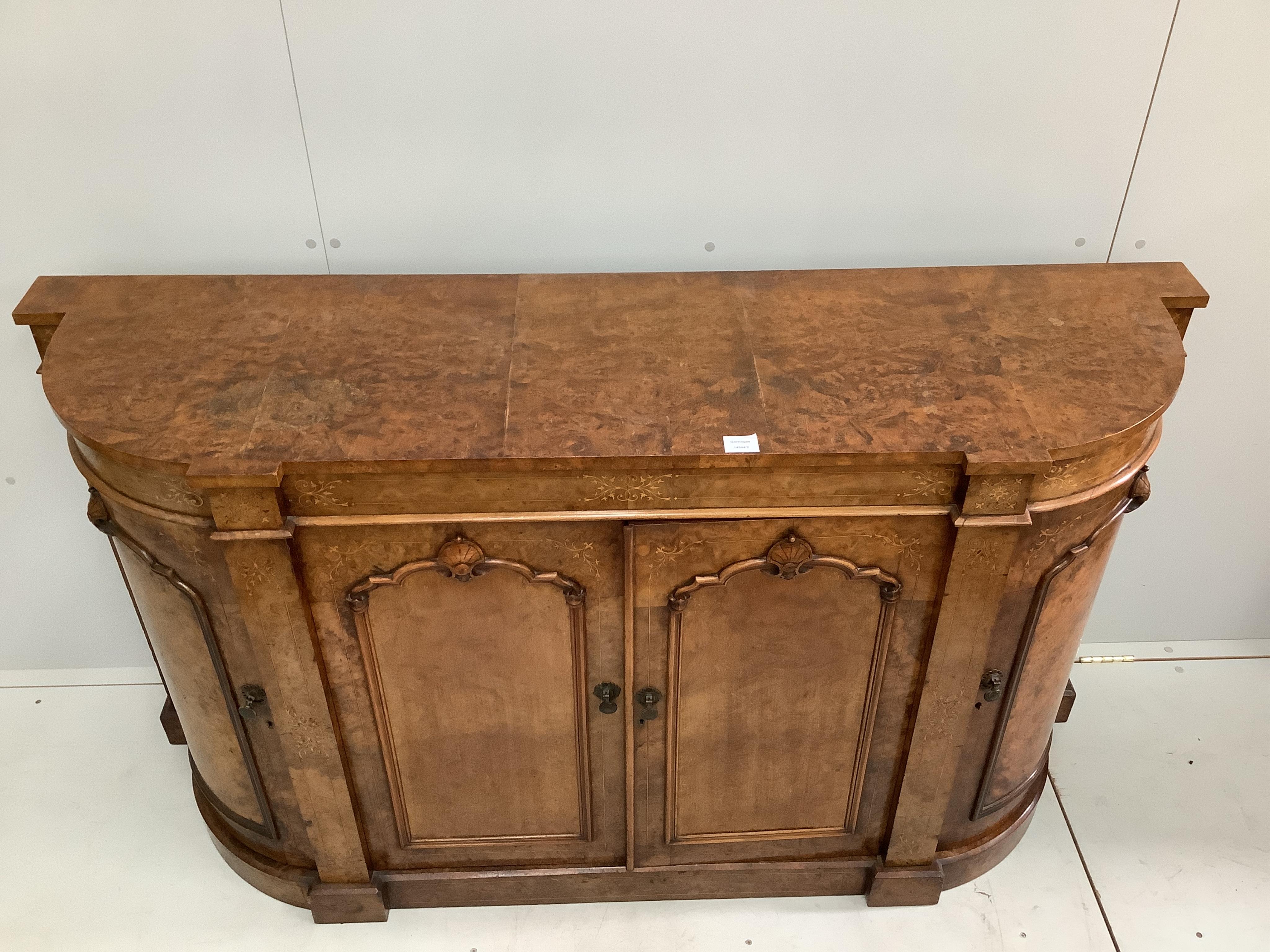 A Victorian inlaid burr walnut credenza, width 165cm, depth 45cm, height 91cm. Condition - fair